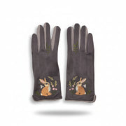 Grey rabbit gloves pair showing front embroidery on white background