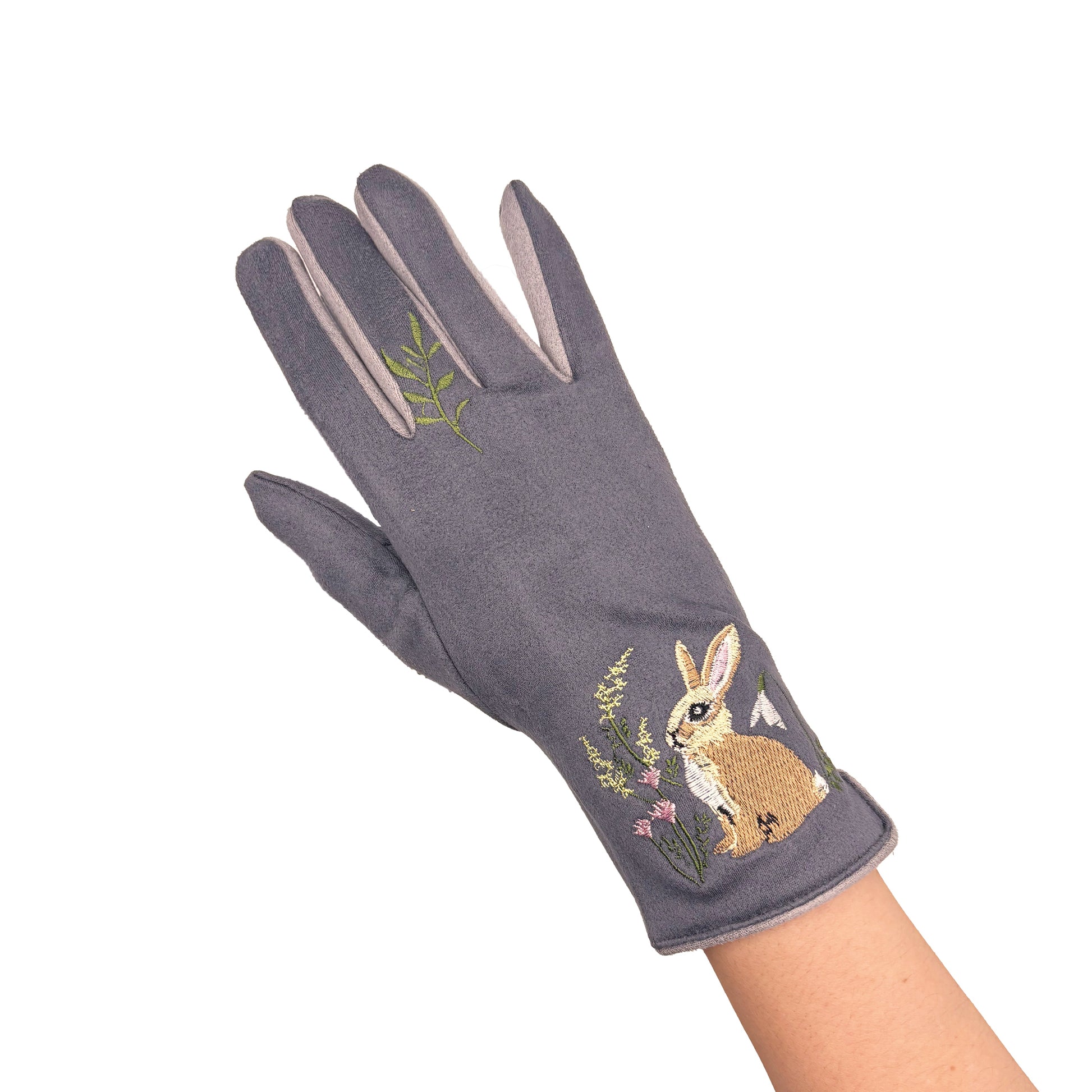 Single embroidered rabbit glove worn on hand against white background