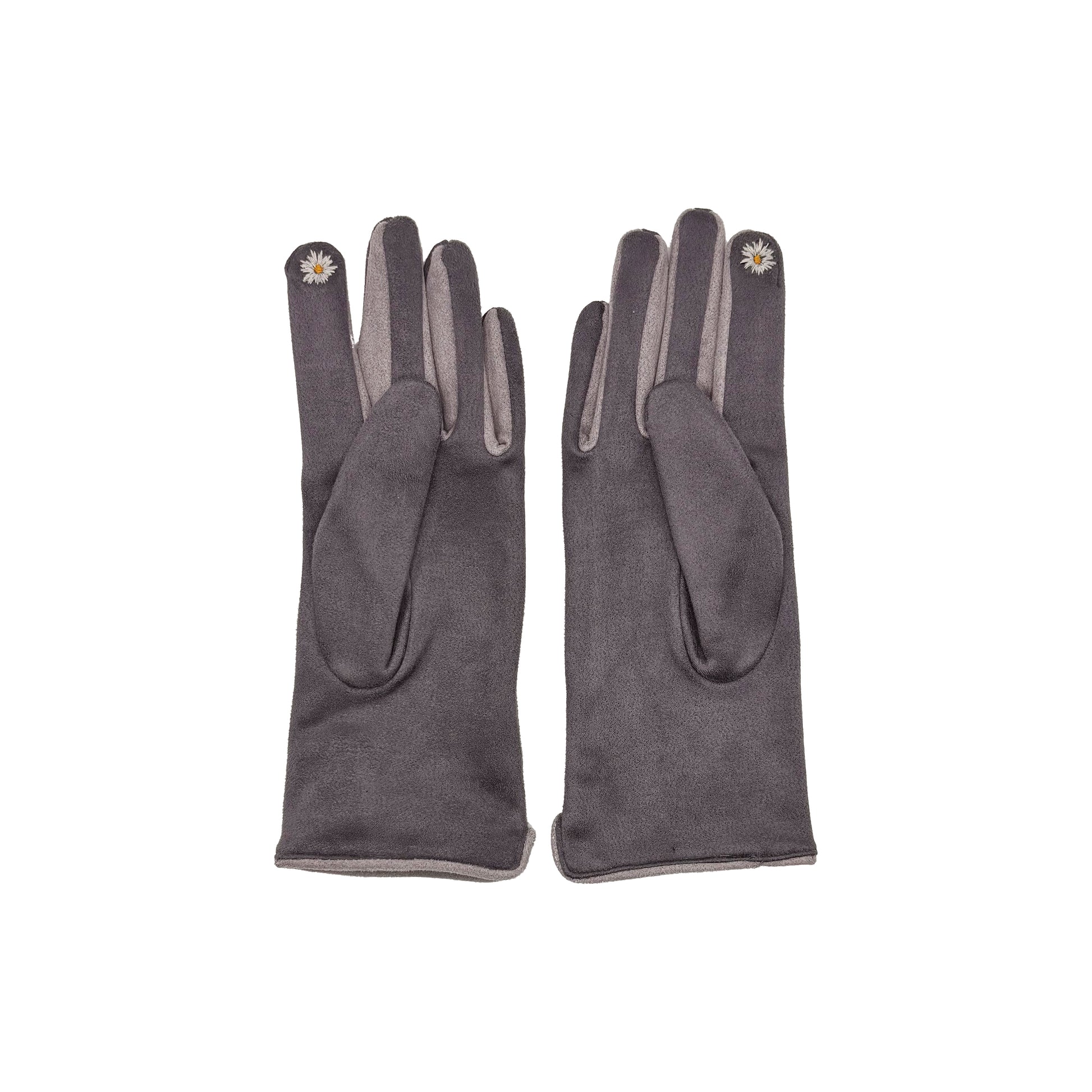 Single grey rabbit glove worn on hand showing embroidered design