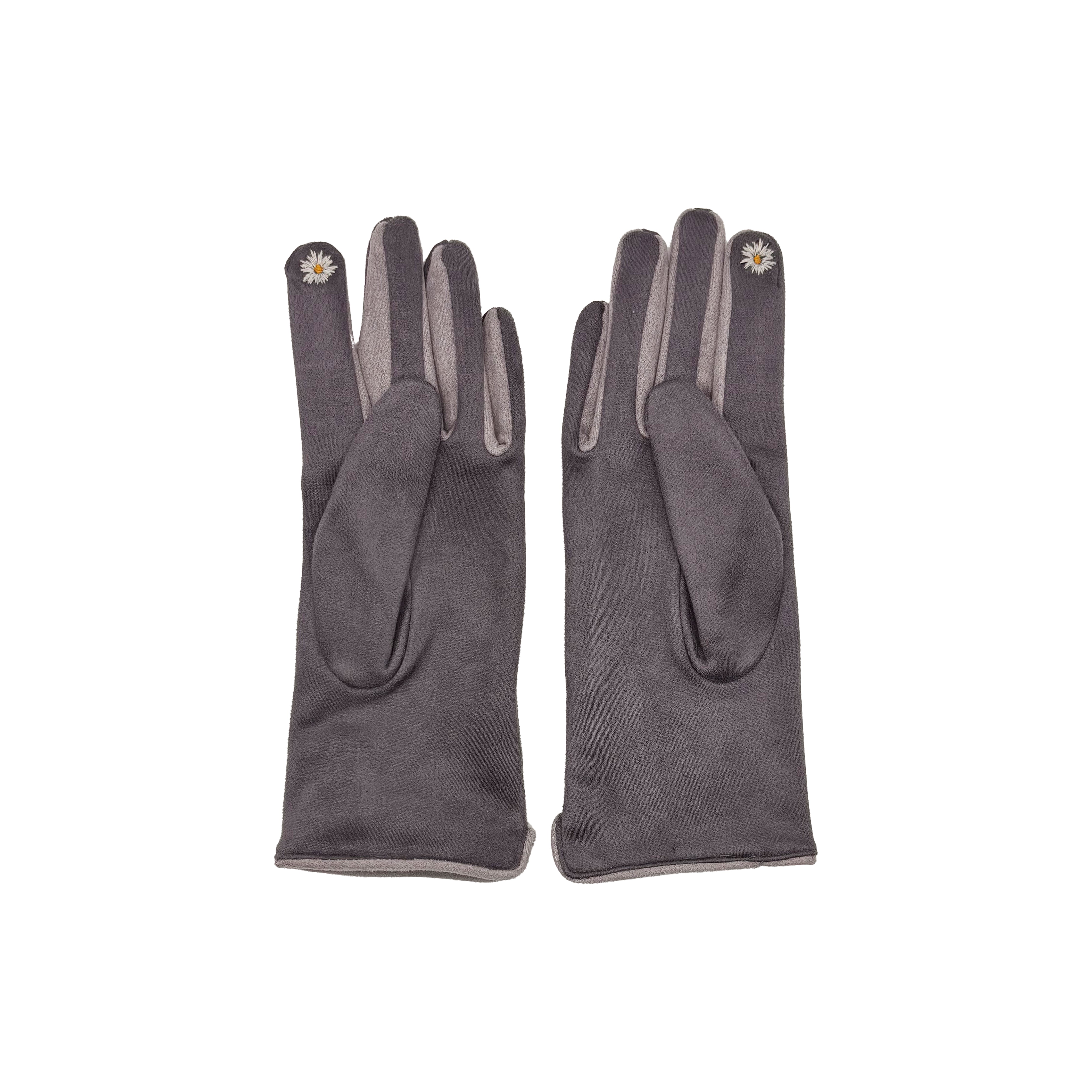 Single grey rabbit glove worn on hand showing embroidered design