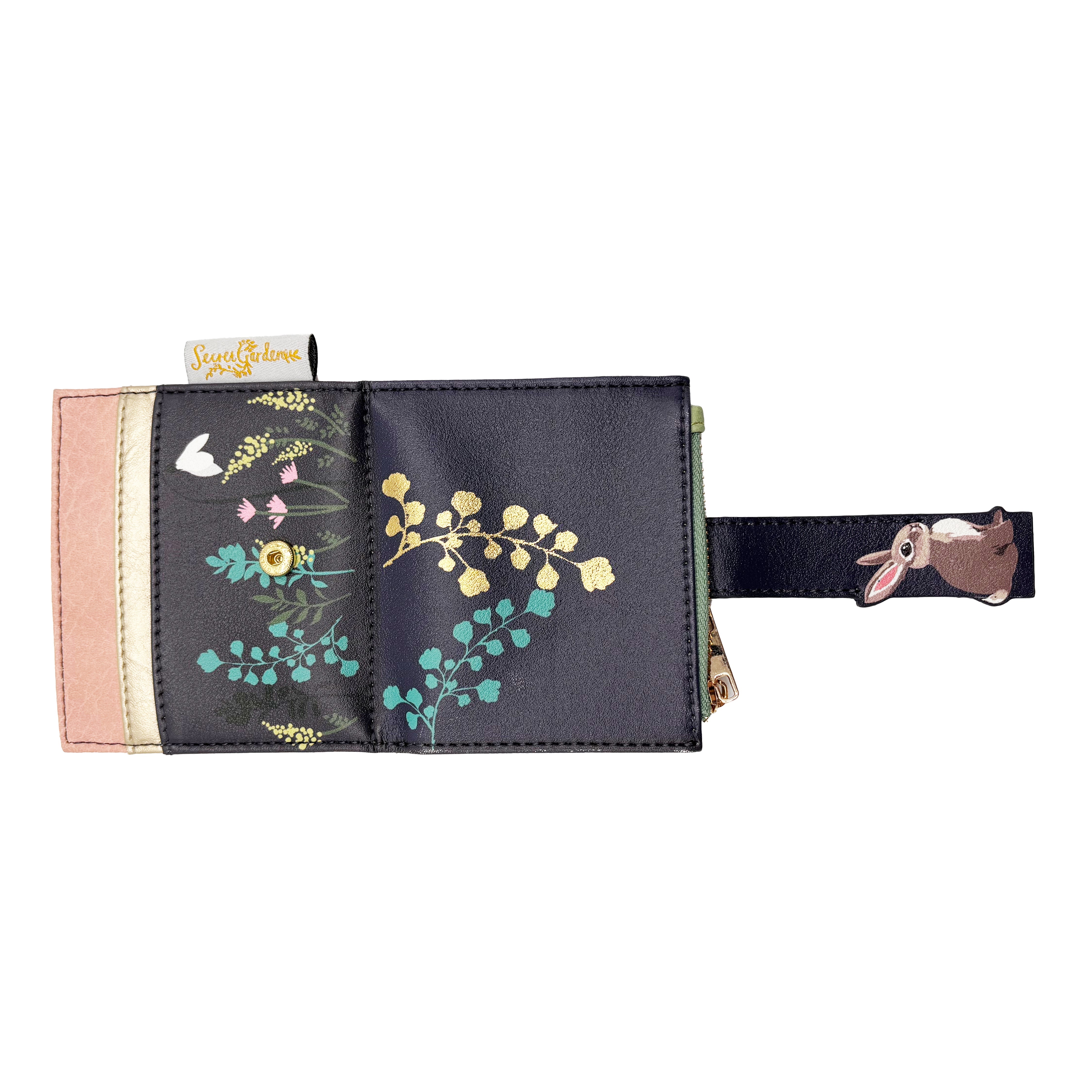 Secret Garden rabbit purse open with strap extended on white background