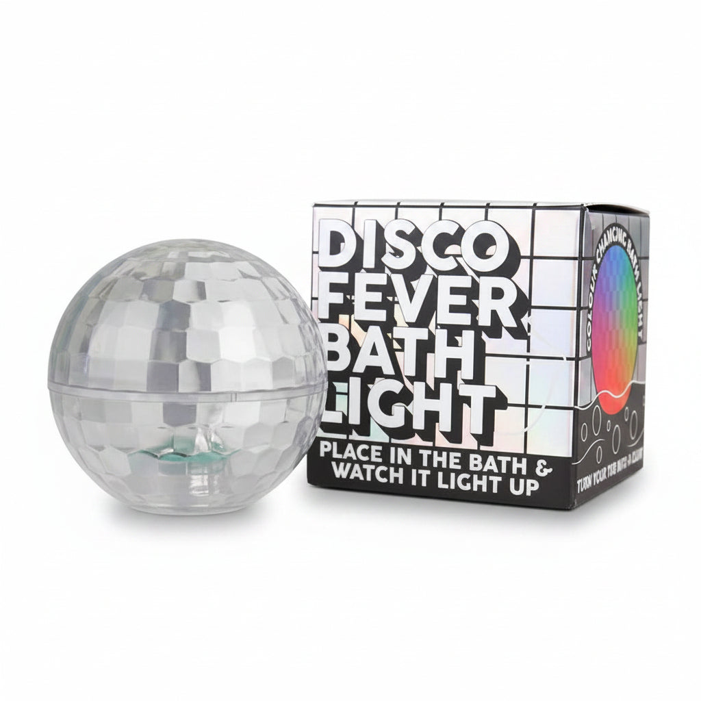 Disco Fever floating bath light shown with its Gift Republic packaging
