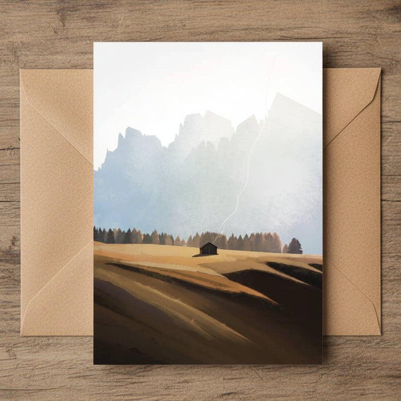 A vertical greeting card with a kraft paper envelope, featuring a minimalist landscape illustration of rolling golden hills, a small dark cabin, and misty blue-gray mountains under a pale sky.