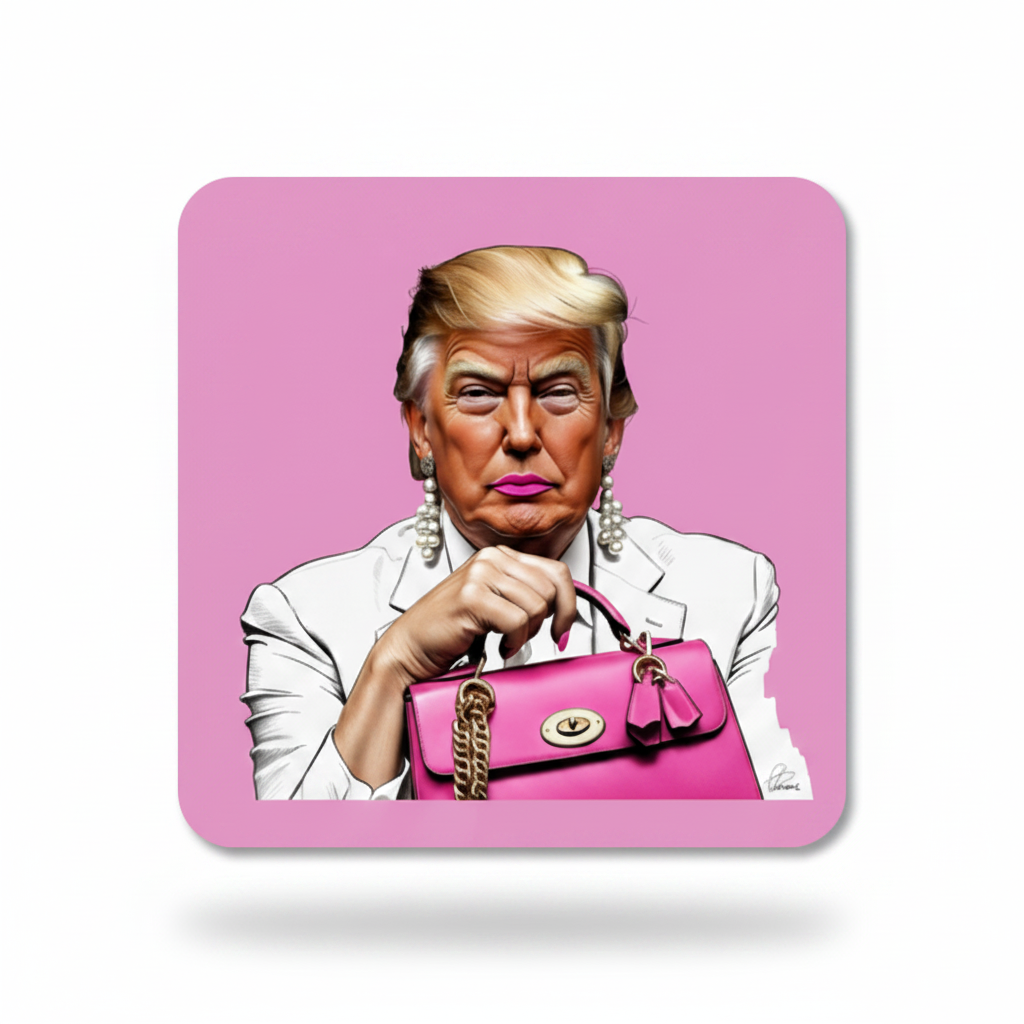 Cartoon of a person with blonde hair holding a pink handbag on a pink background