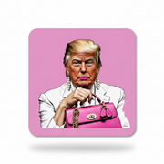 Cartoon of a person with blonde hair holding a pink handbag on a pink background