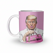 Mug with a graphic of a person holding a pink handbag on a pink background