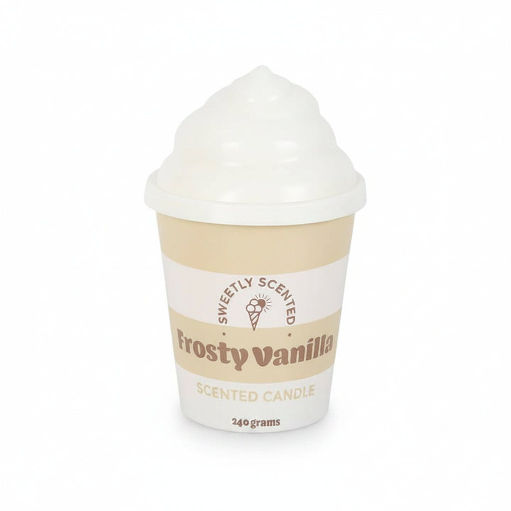 Frosty Vanilla candle with white swirl lid on white background