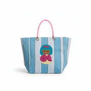 Earth Squared Doll Stripe market tote bag with hand-embroidered doll and deck chair stripes, front view