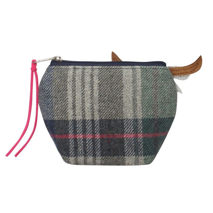 Drem tweed cow purse angled view with pink accents visible