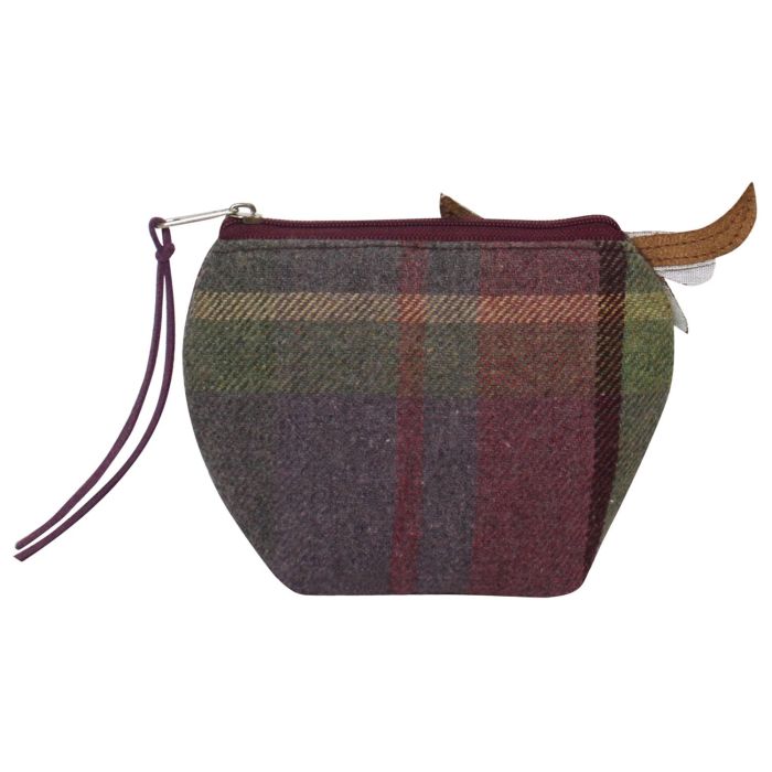 Gullane tweed cow purse angled view showing construction