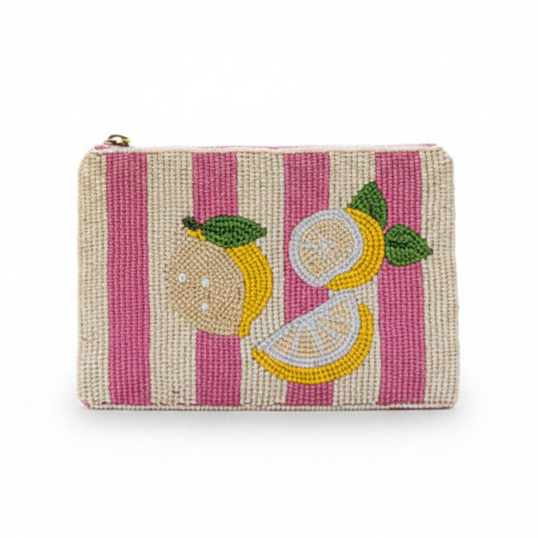 Lemon beaded purse with yellow citrus design on pink stripes