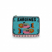 Sardine beaded purse with turquoise fish design and SARDINES text