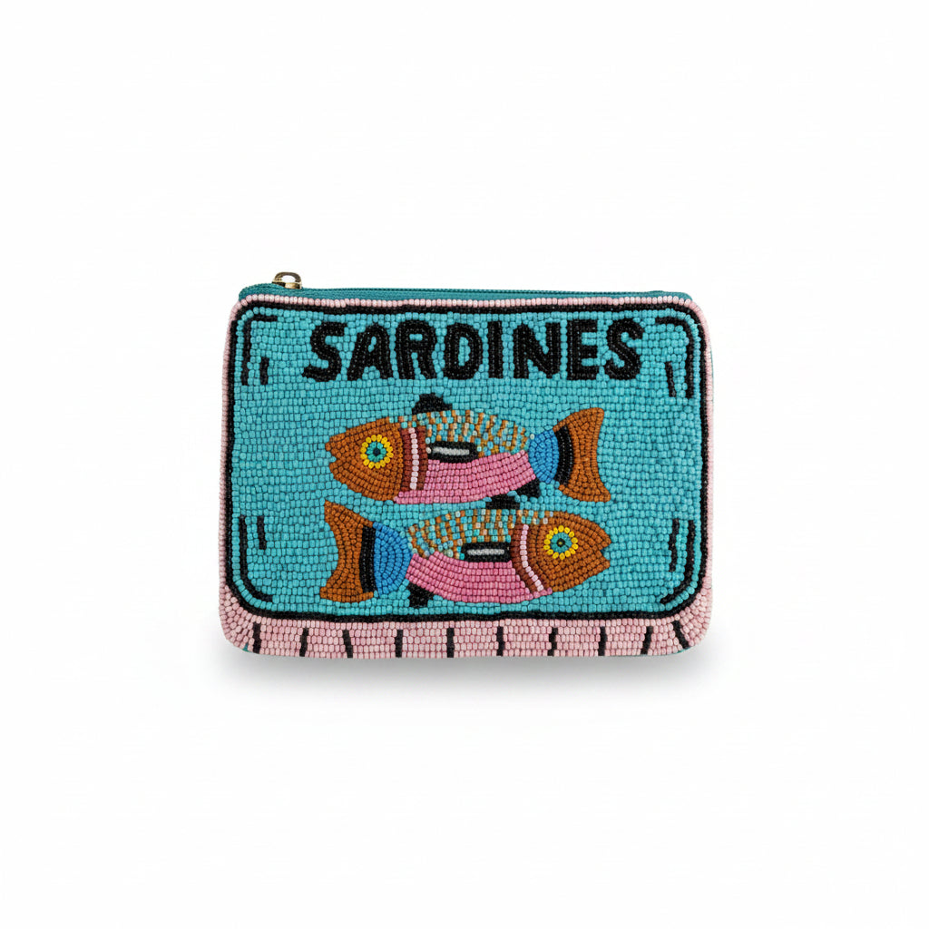 Sardine beaded purse with turquoise fish design and SARDINES text