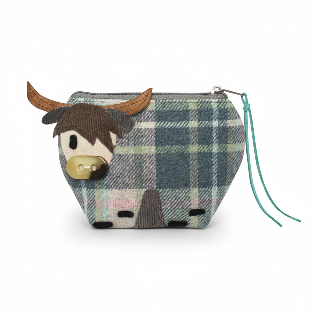 Skye tweed cow purse side view showing teal check pattern