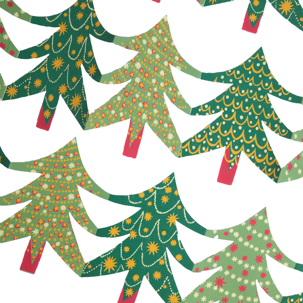 Close up of the hand screen printed Christmas tree designs with metallic gold stars and baubles