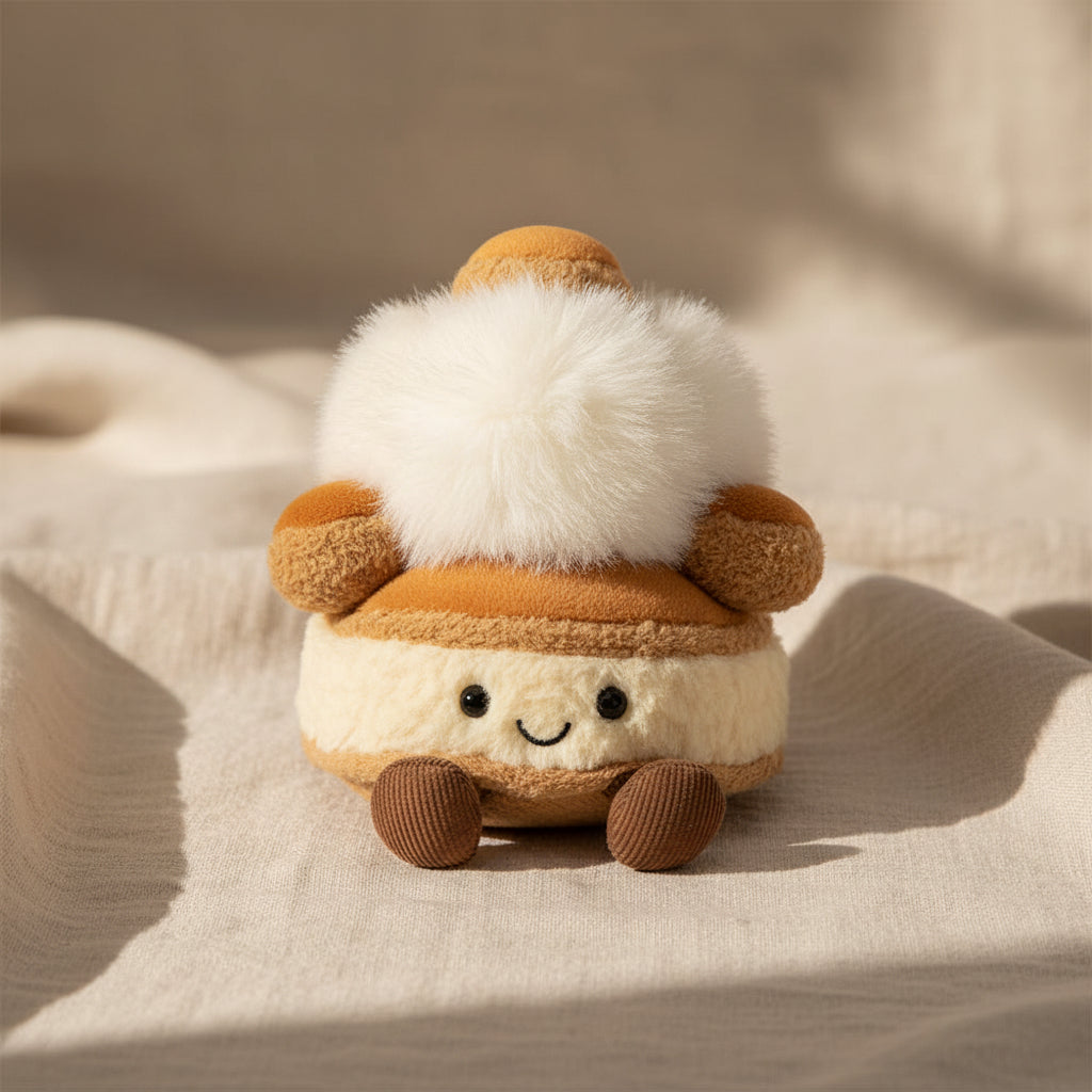 Jellycat Mirielle St Honore pastry plush lifestyle shot on sunlit fabric