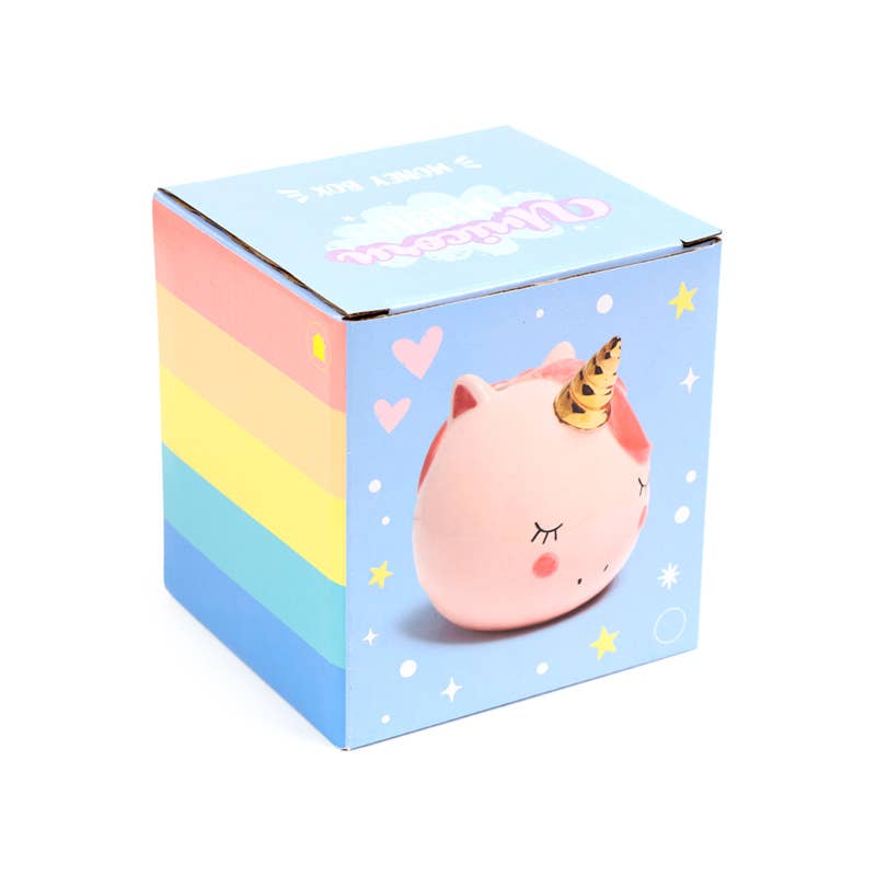 Unicorn Money Box packaging box featuring rainbow stripes and unicorn illustration.