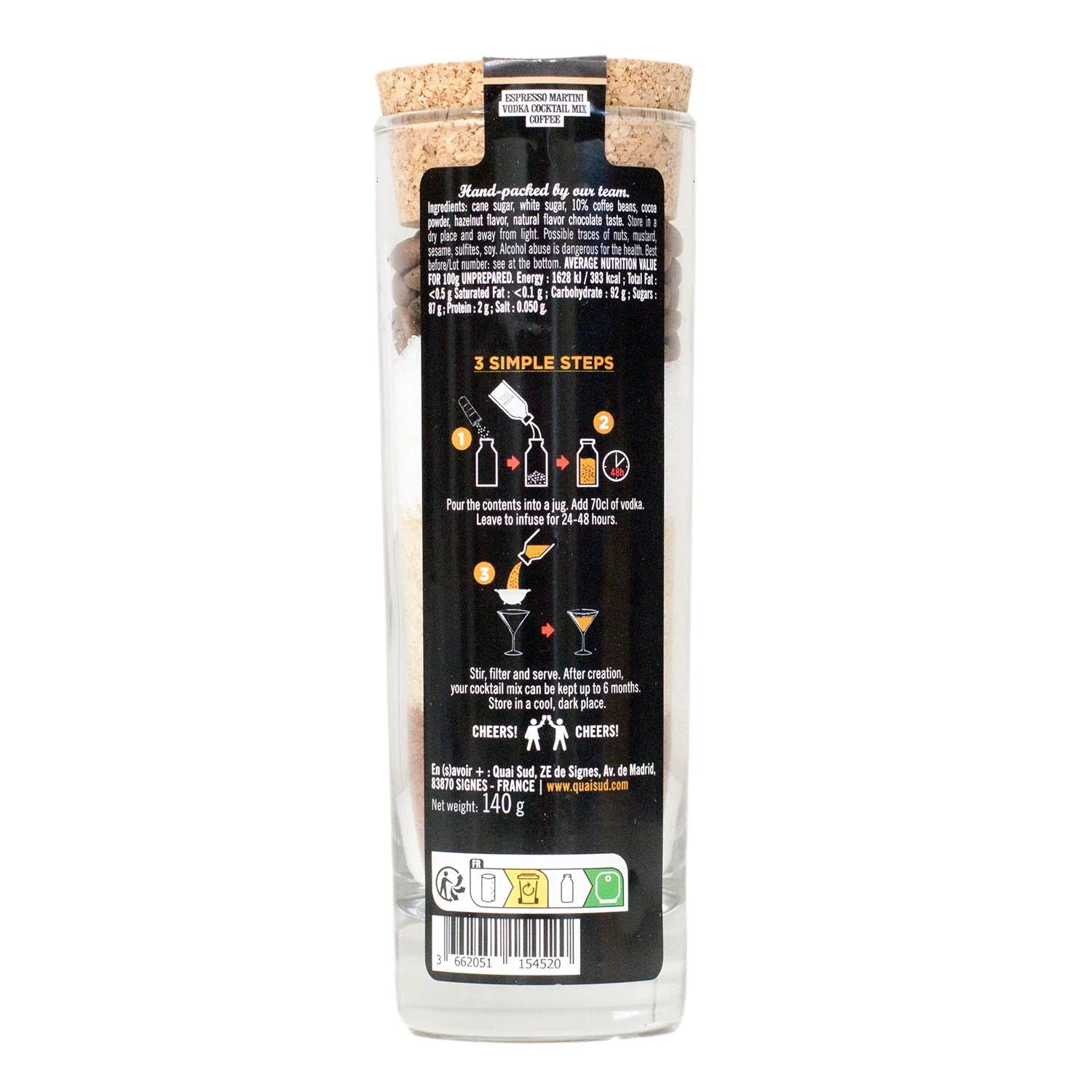 Back of Espresso Martini Mix jar showing ingredients and instructions.