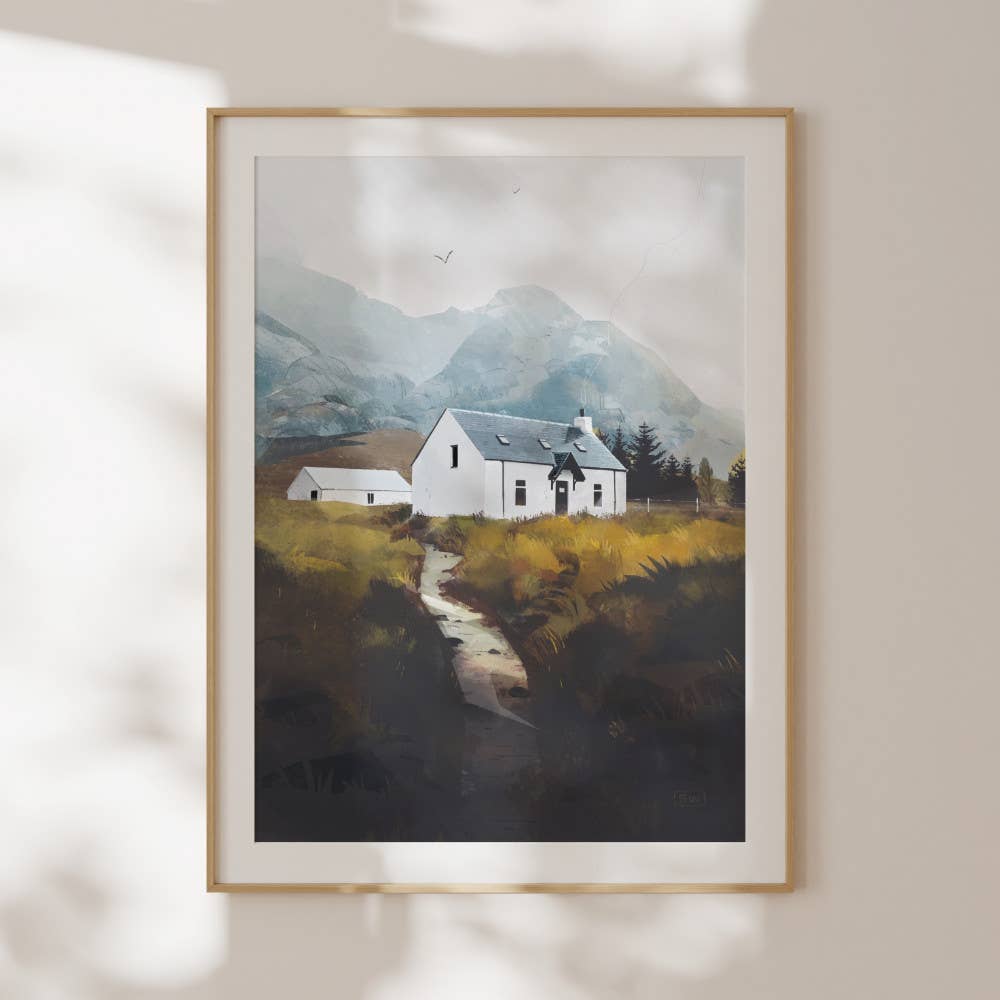 Etive Retreat Scottish landscape art print of a dwelling in Glen Etive