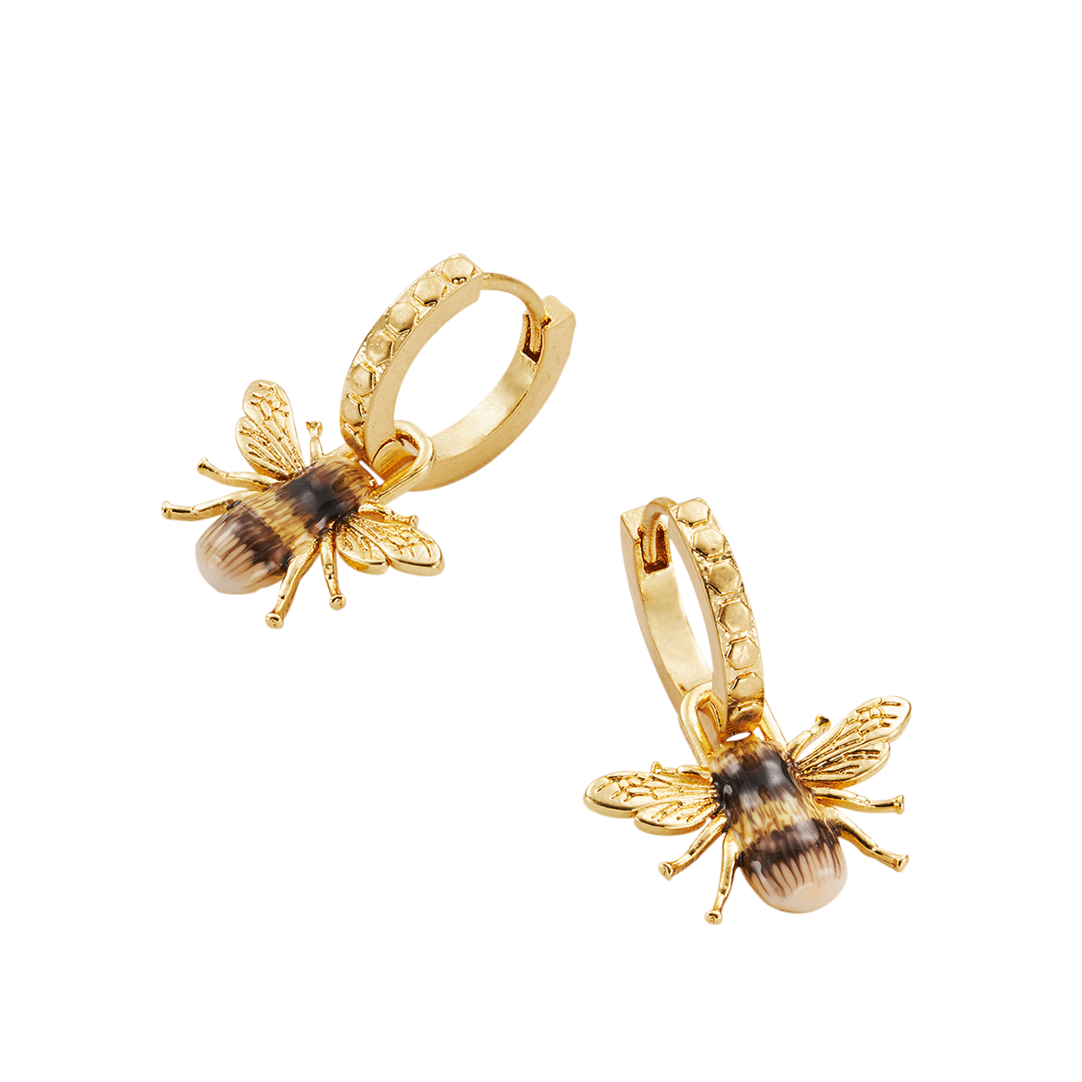 Close-up detail of the Bee Huggie Earrings on white