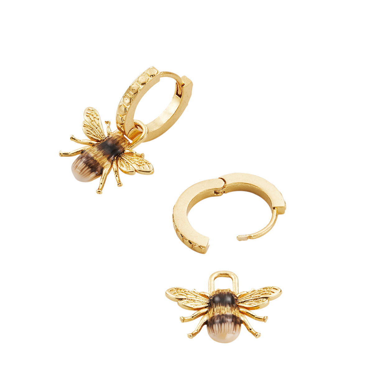 Close detail of the Bee Huggie Earrings charm on white