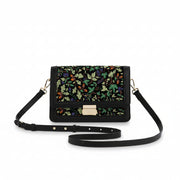 Cathy black embroidered fold over bag with acorn ivy design front view