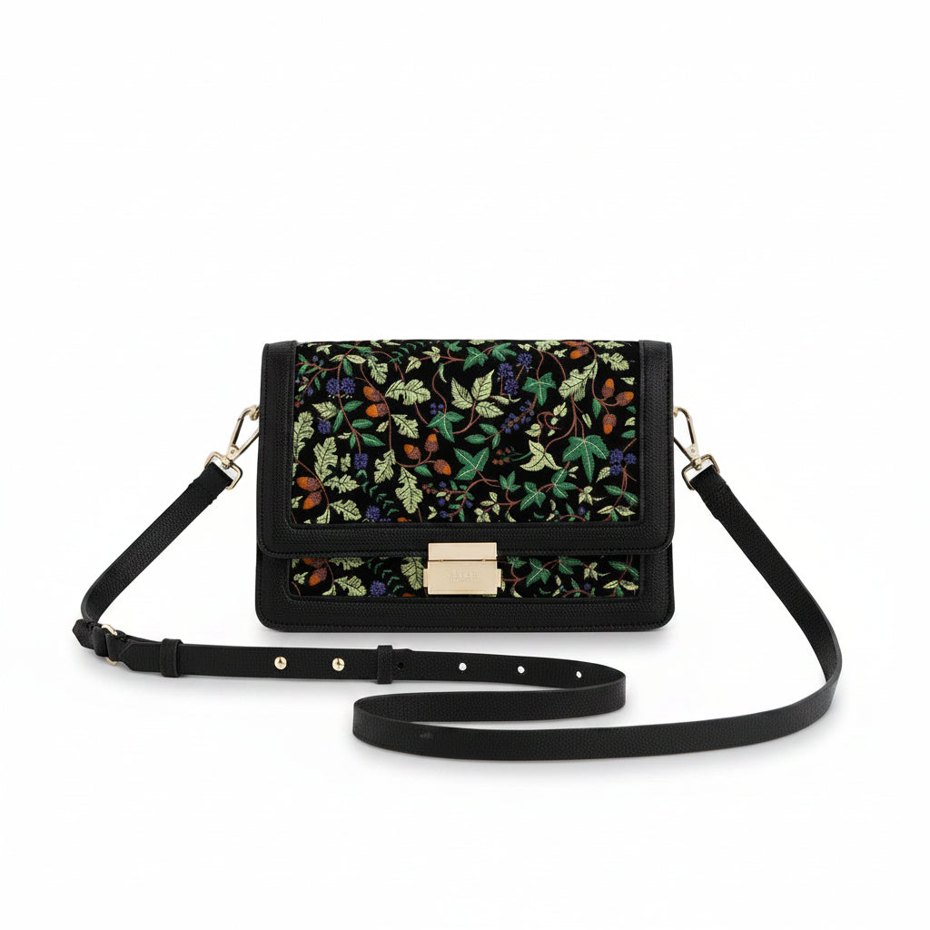 Cathy black embroidered fold over bag with acorn ivy design front view