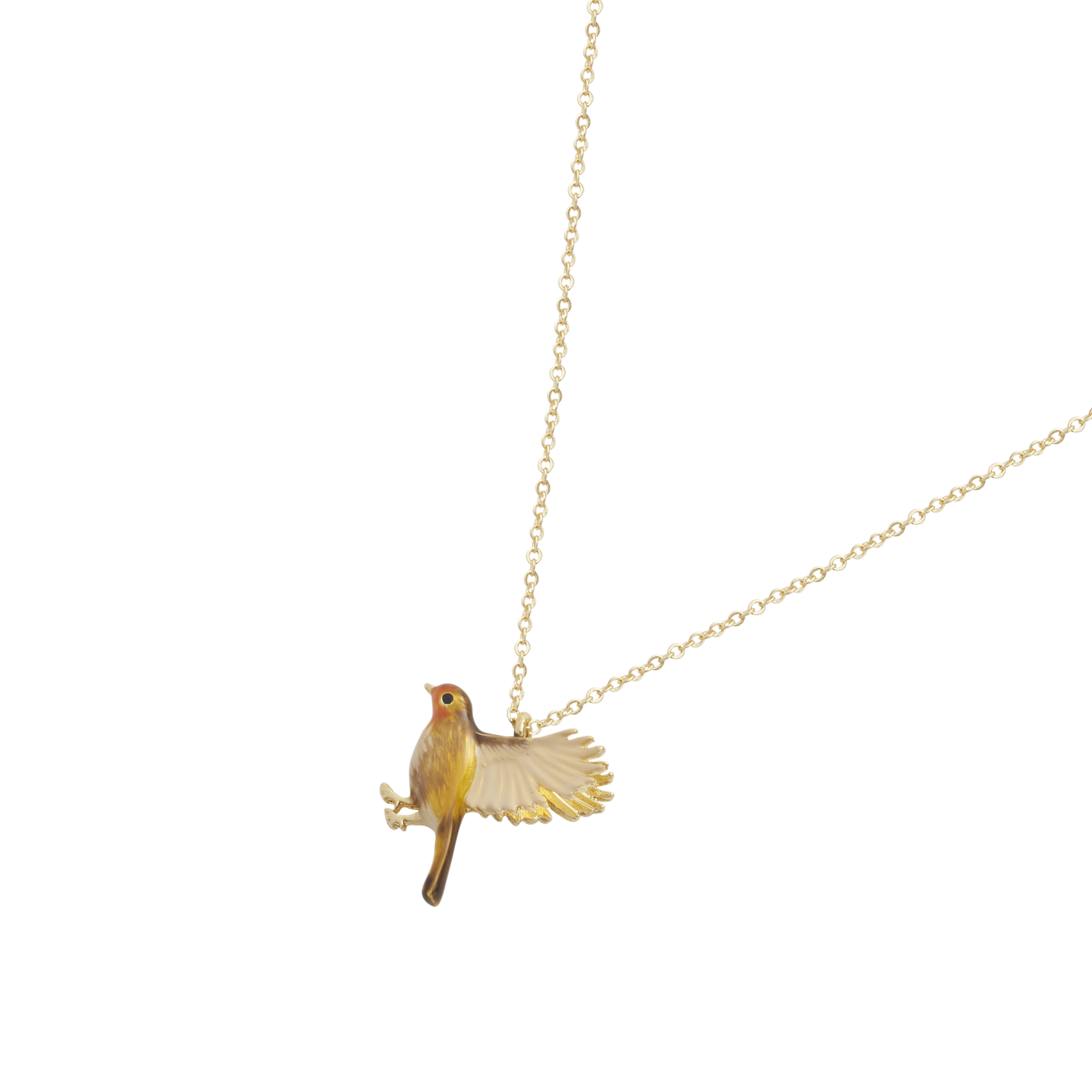 Enamel Flying Robin Necklace shown at an angle on white