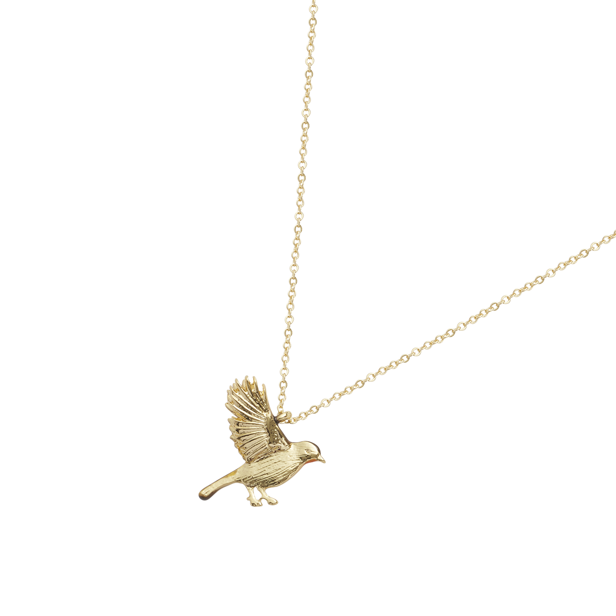 Close-up detail of the Enamel Flying Robin Necklace on white