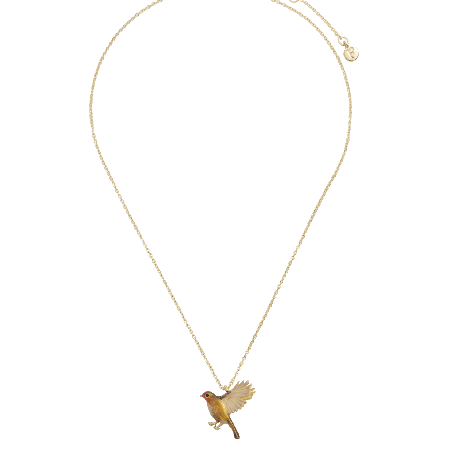 Full length view of the Enamel Flying Robin Necklace on white