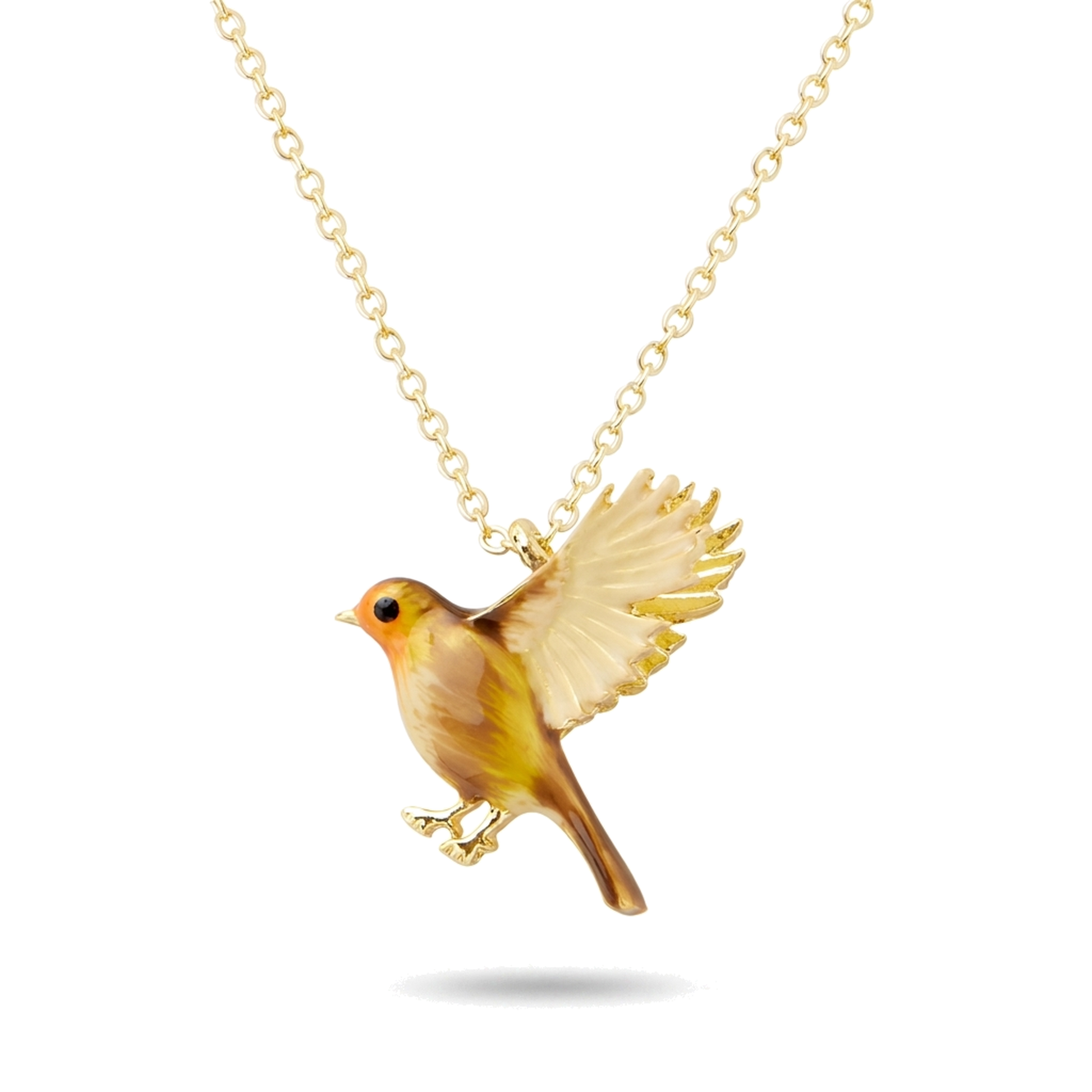 Enamel Flying Robin Necklace on a pure white background