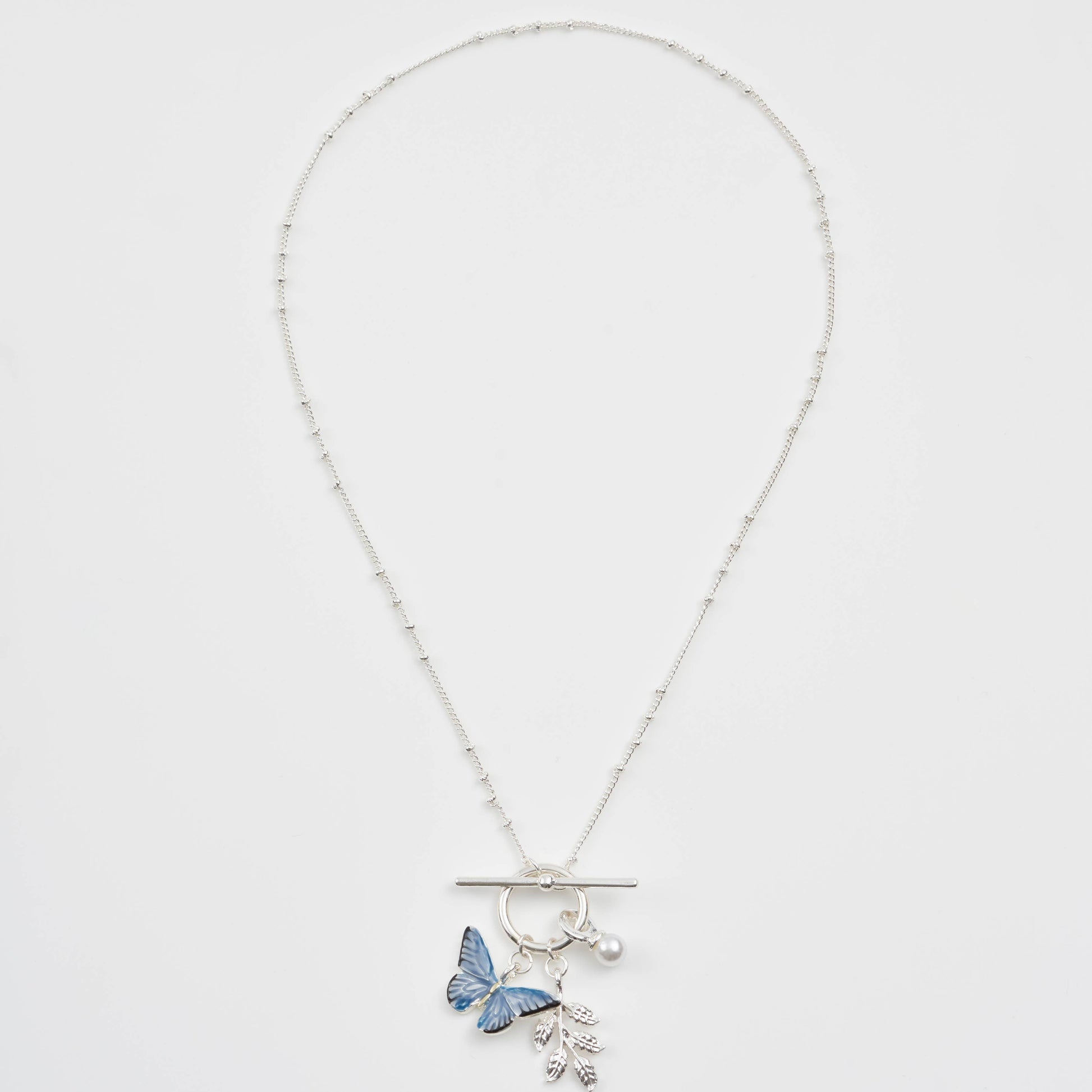 Blue butterfly silver necklace full length beaded chain on white
