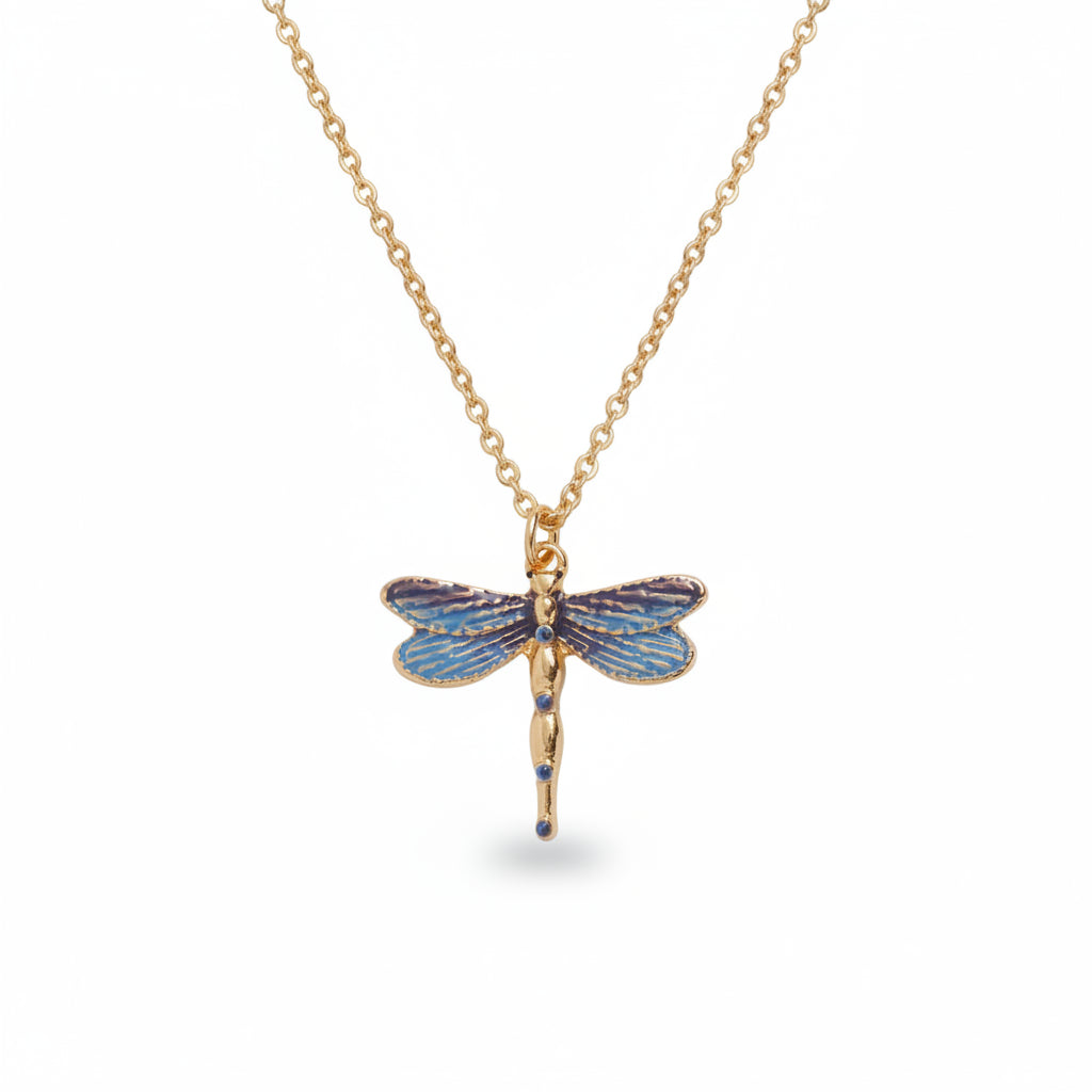 Dragonfly Pendant Necklace close up showing blue enamel wings on gold chain