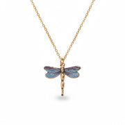 Dragonfly Pendant Necklace close up showing blue enamel wings on gold chain