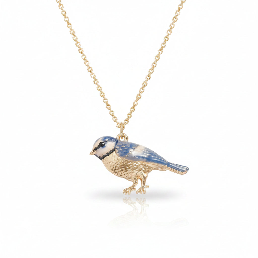 Enamel Blue Tit Short Necklace pendant close up against pale background