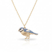 Enamel Blue Tit Short Necklace pendant close up against pale background