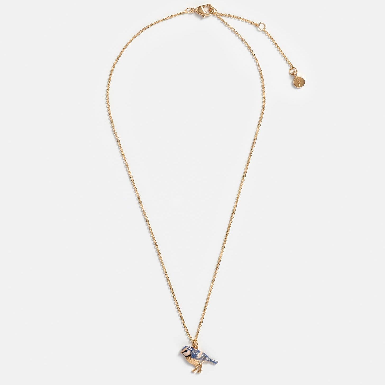 Blue tit necklace full length showing gold chain and clasp on white
