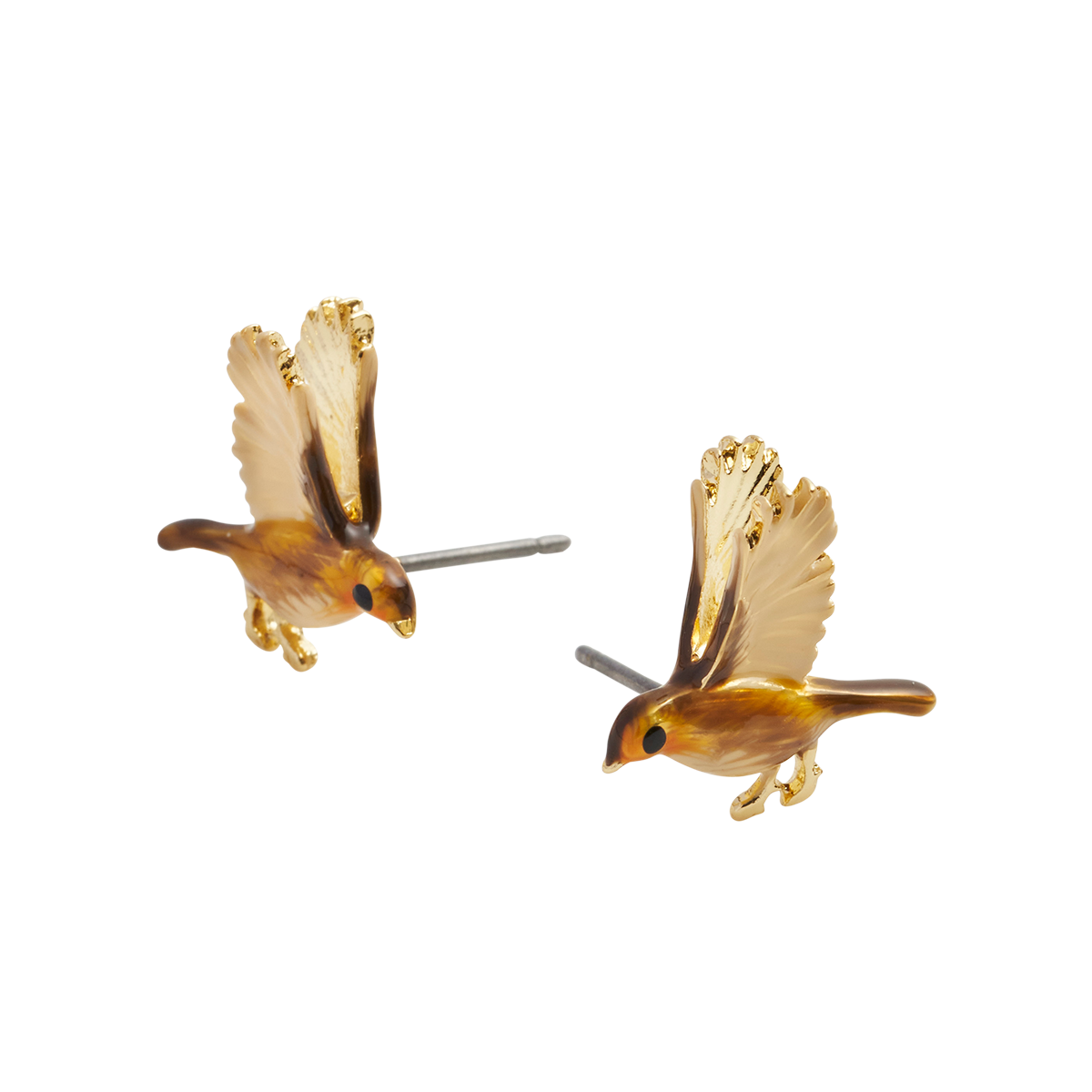 Enamel Flying Robin studs close up showing silver posts on white