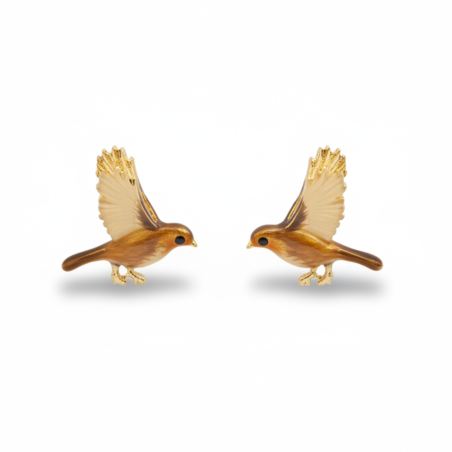 Enamel Flying Robin stud earrings pair facing each other on white background