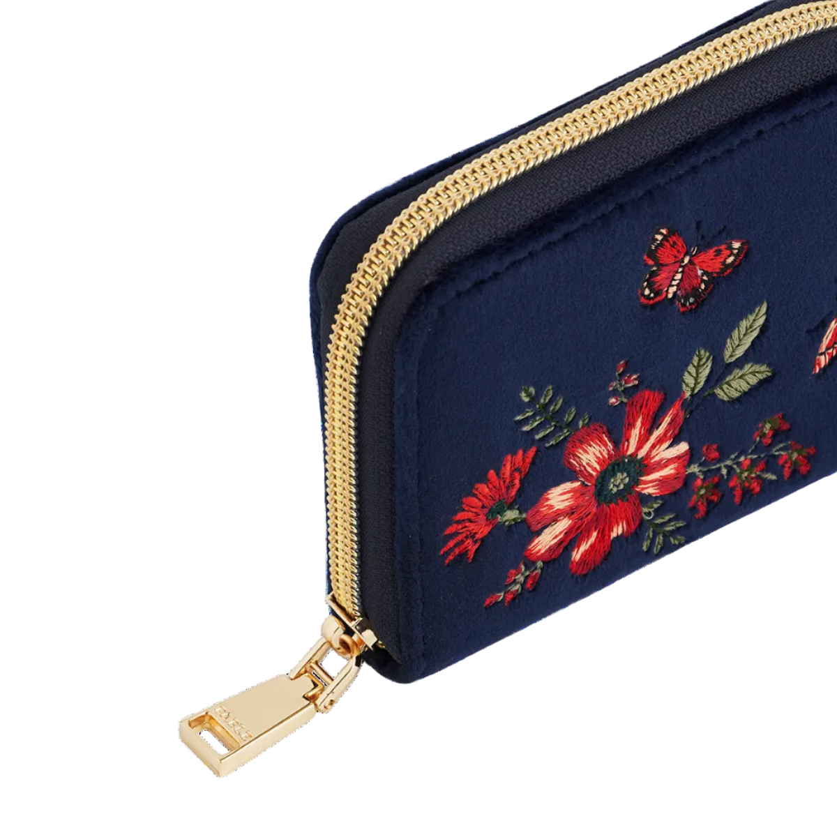 Navy velvet purse angled view showing the gold zip