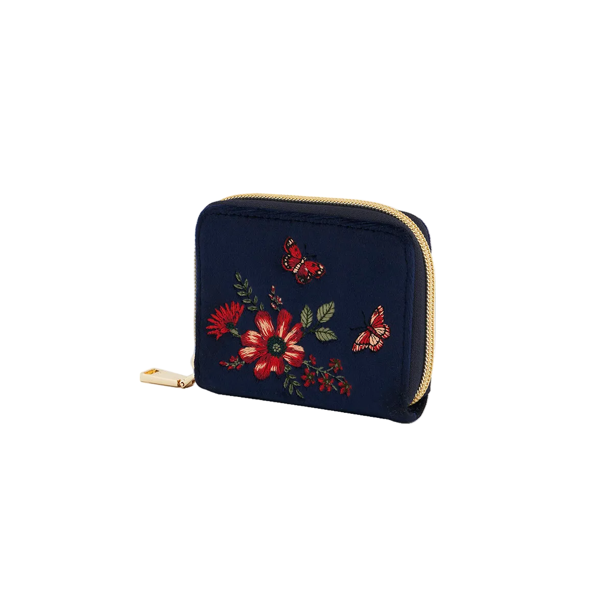 Navy floral velvet purse front view