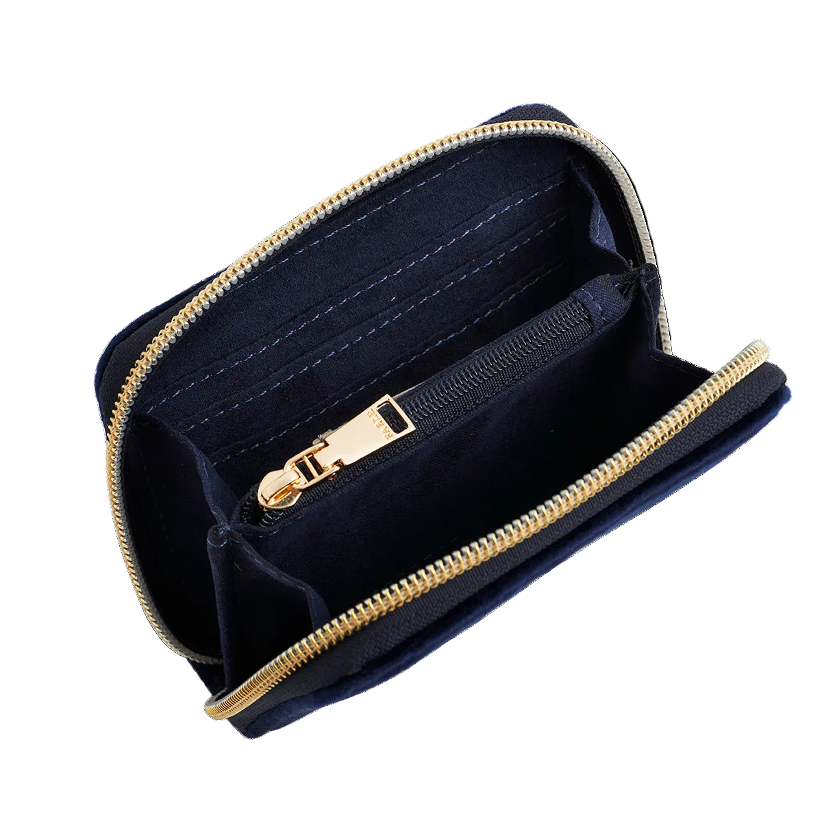 Navy velvet purse open showing card slots and zip pocket