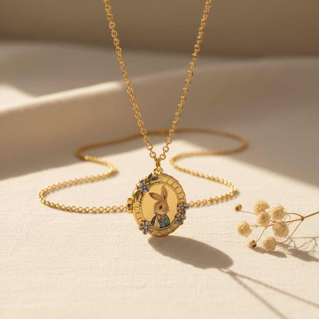 A gold chain necklace featuring an oval pendant with a rabbit illustration in the center, surrounded by small blue and purple flower details, shown on a light gray background.