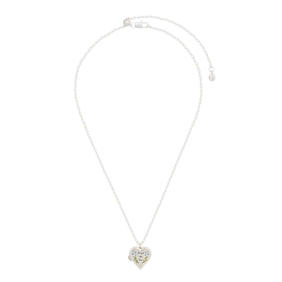 Full length view of the Floral Heart Silver Locket Necklace on white