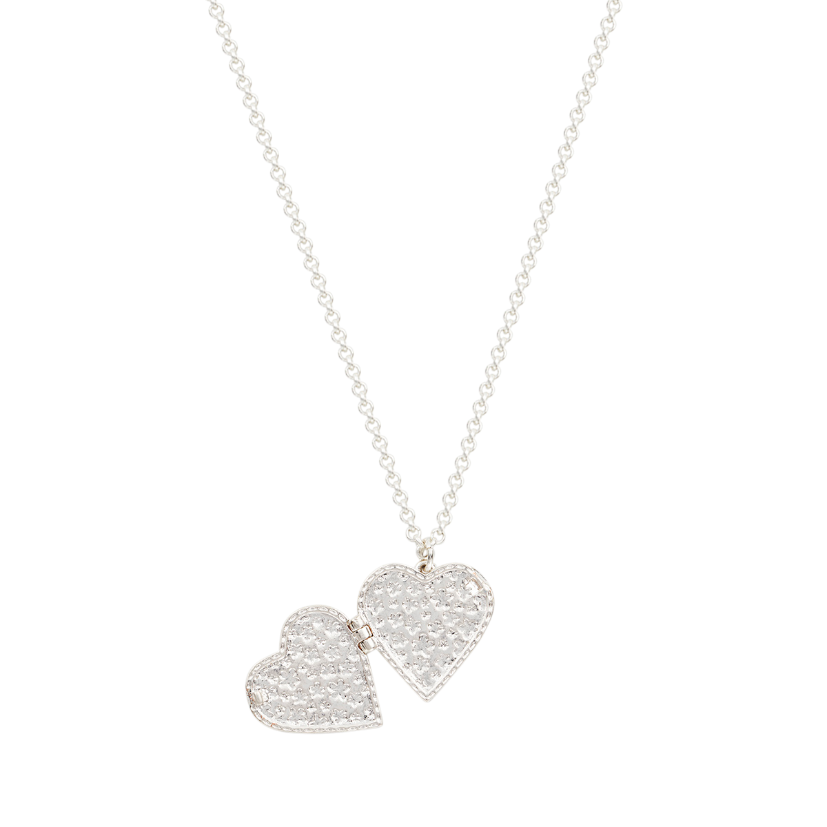 Floral Heart Silver Locket Necklace opened to show the locket interior
