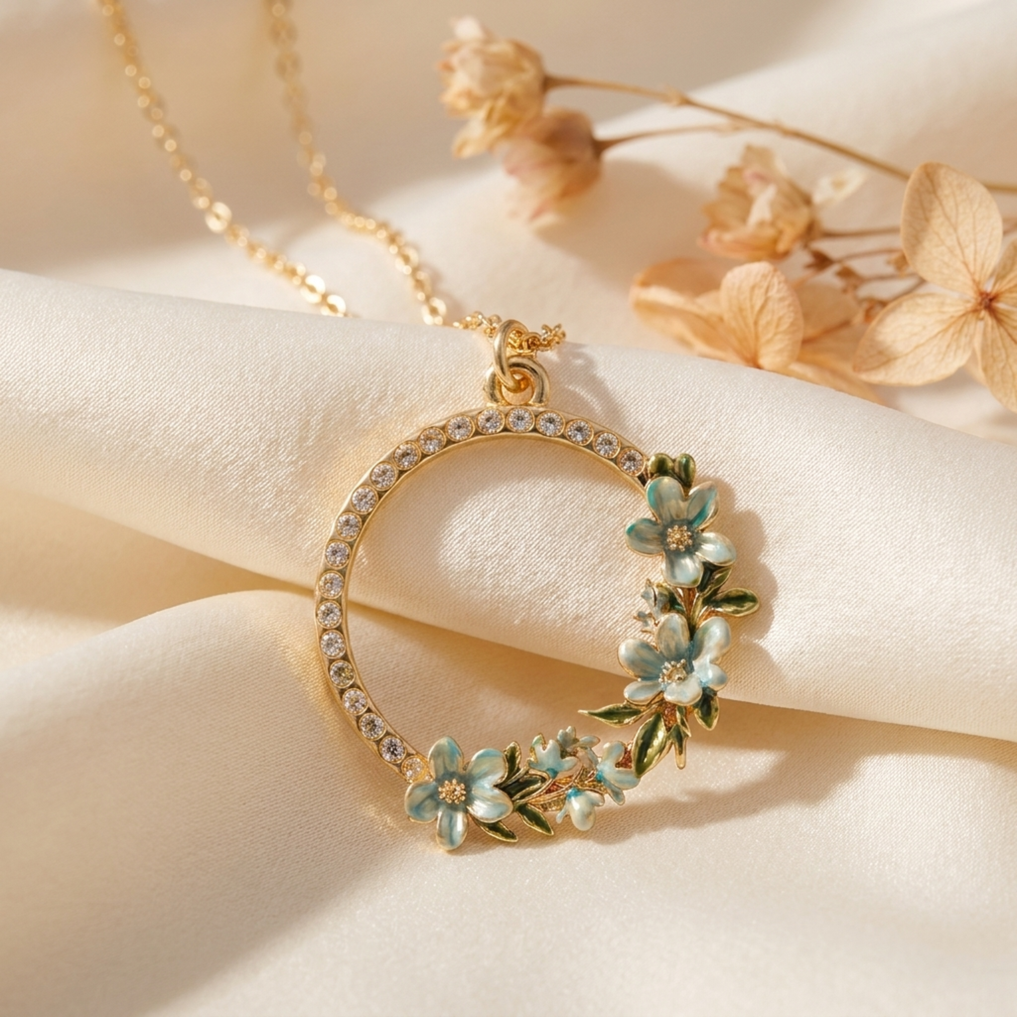 Floral Wreath Necklace draped on soft cream fabric with dried flowers