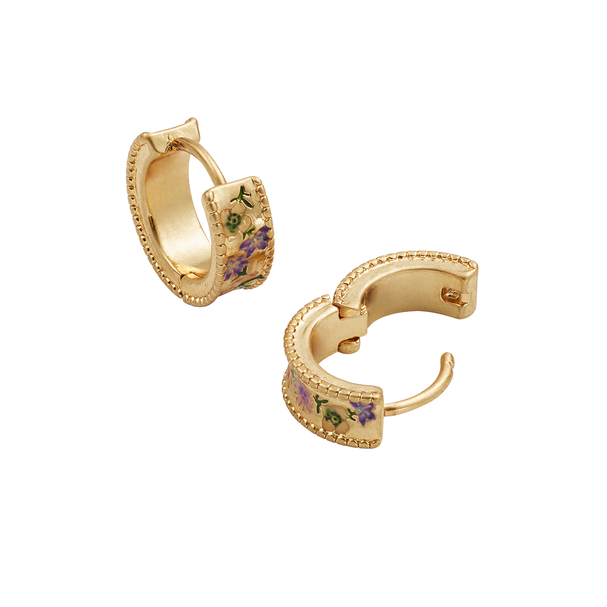 Folksy Floral Gold Huggie Earrings shown at an angle on white
