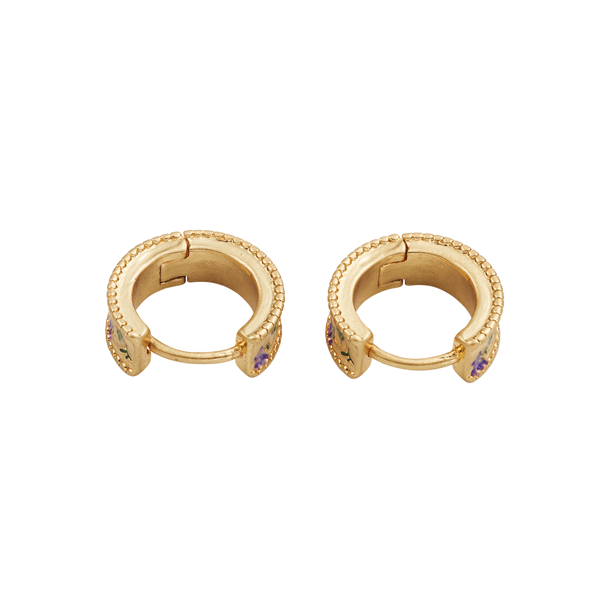 Back view of the Folksy Floral Gold Huggie Earrings on white