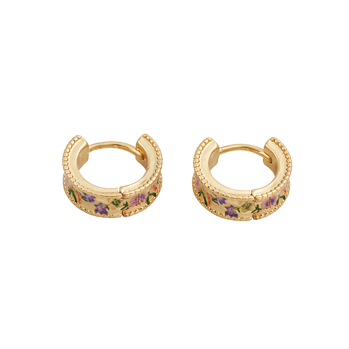 Folksy Floral Gold Huggie Earrings shown together on a white background