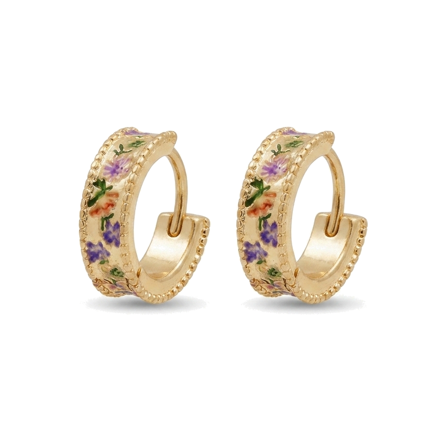 Folksy Floral Gold Huggie Earrings on a pure white background